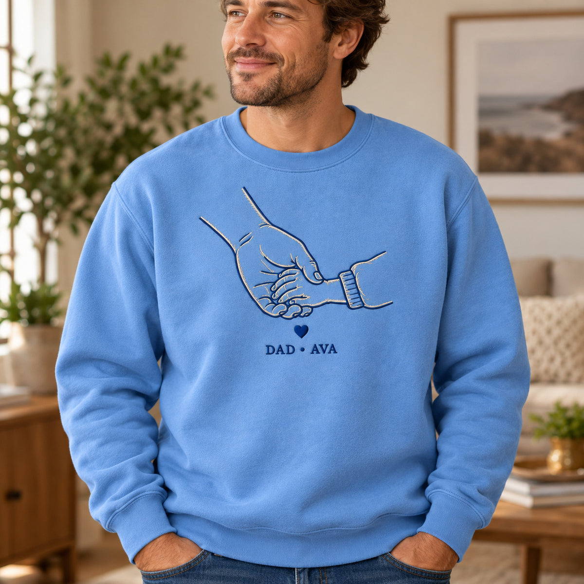 Walking Together personalized Dad hands design; Carolina Blue sweatshirt mockup, lifestyle; sample text DAD • AVA