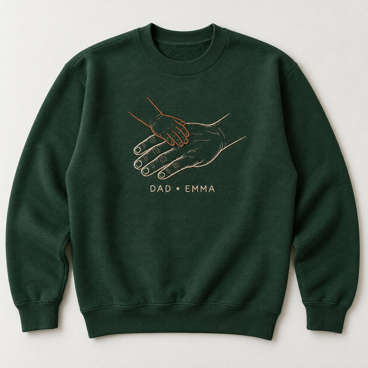 Hand Stack Team personalized Dad hands design; Forest Green sweatshirt mockup, hero; sample text DAD • EMMA