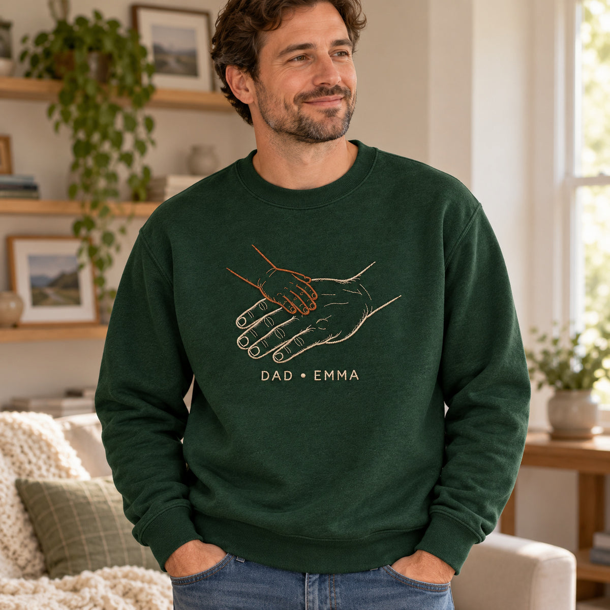 Hand Stack Team personalized Dad hands design; Forest Green sweatshirt mockup, lifestyle; sample text DAD • EMMA