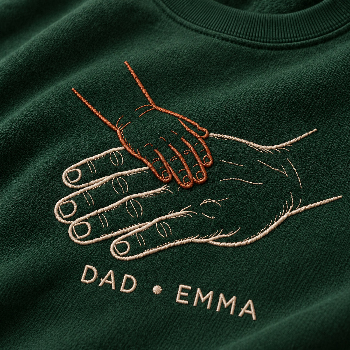 Hand Stack Team personalized Dad hands design; Forest Green sweatshirt mockup, embroidery detail; sample text DAD • EMMA