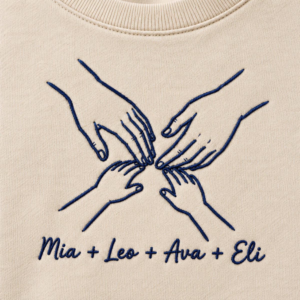 Family Circle personalized Family hands design; Sand sweatshirt mockup, embroidery detail; sample text Mia + Leo + Ava + Eli