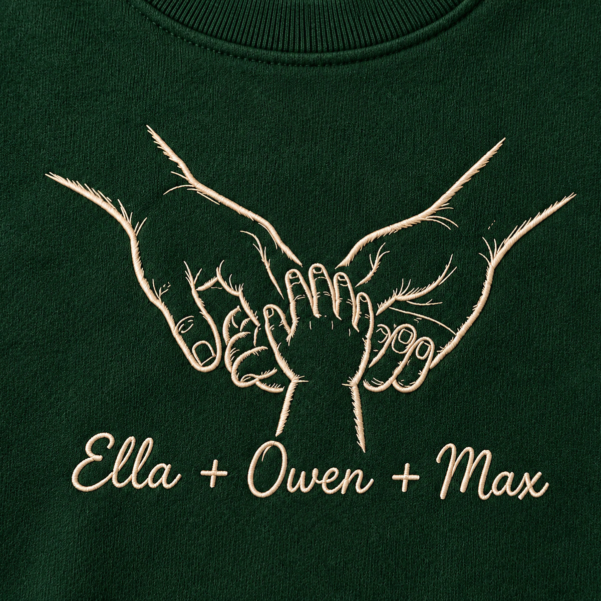 Together Always personalized Family hands design; Forest Green sweatshirt mockup, embroidery detail; sample text Ella + Owen + Max