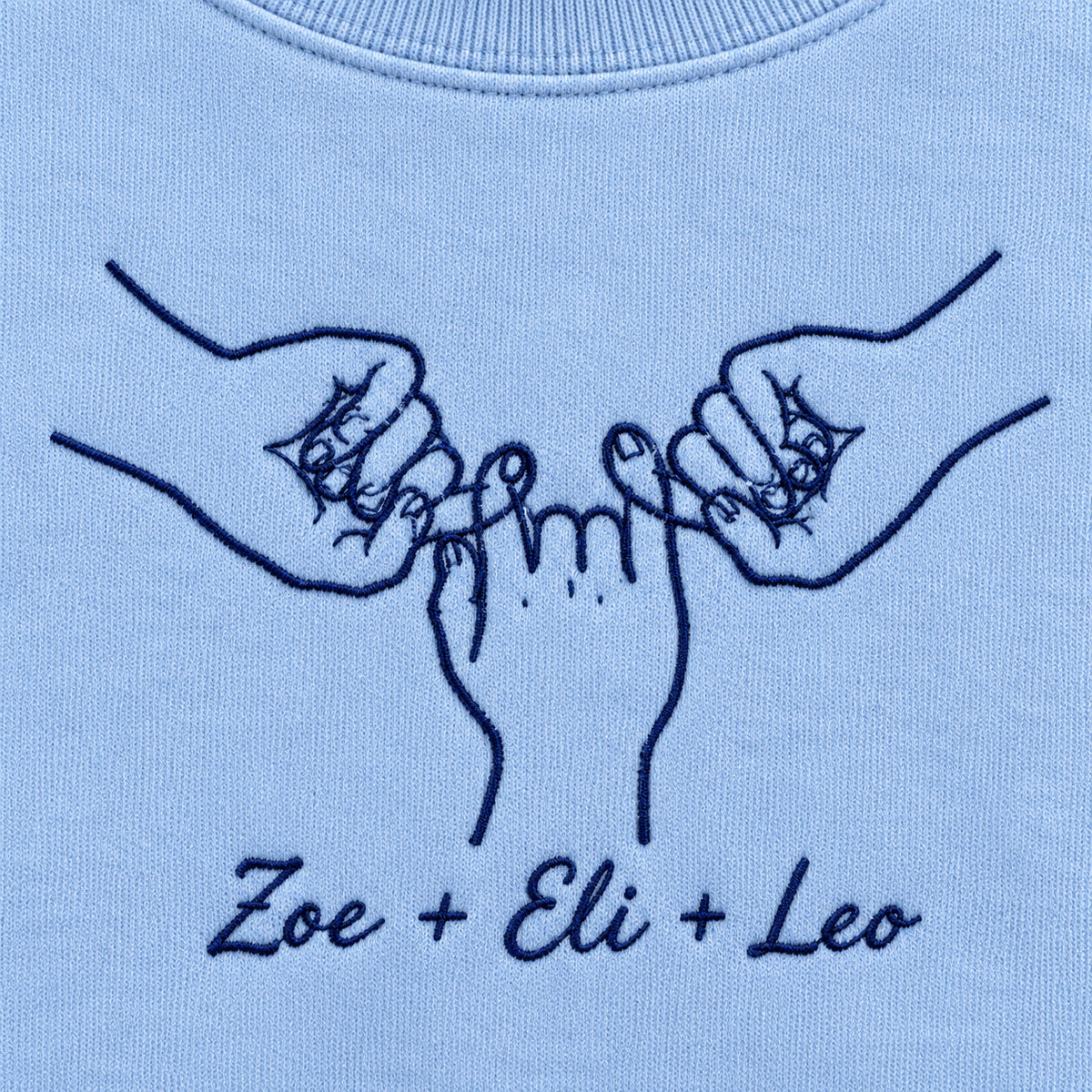 Our Promise personalized Family hands design; Light Blue sweatshirt mockup, embroidery detail; sample text Zoe + Eli + Leo