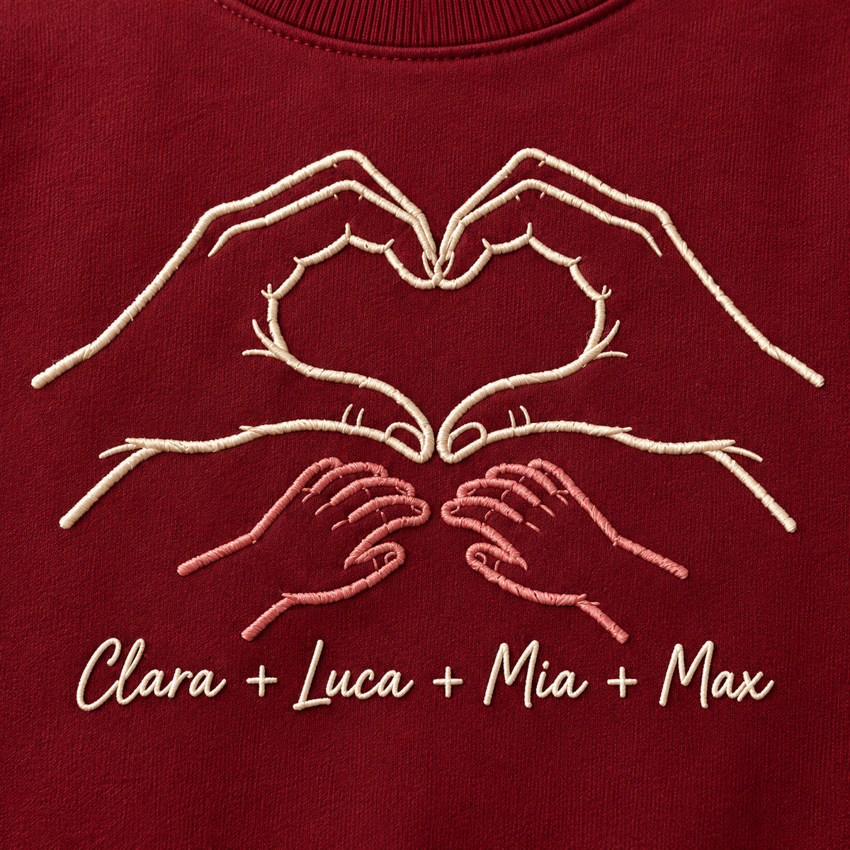 Four of Us personalized Family hands design; Maroon sweatshirt mockup, embroidery detail; sample text Clara + Luca + Mia + Max