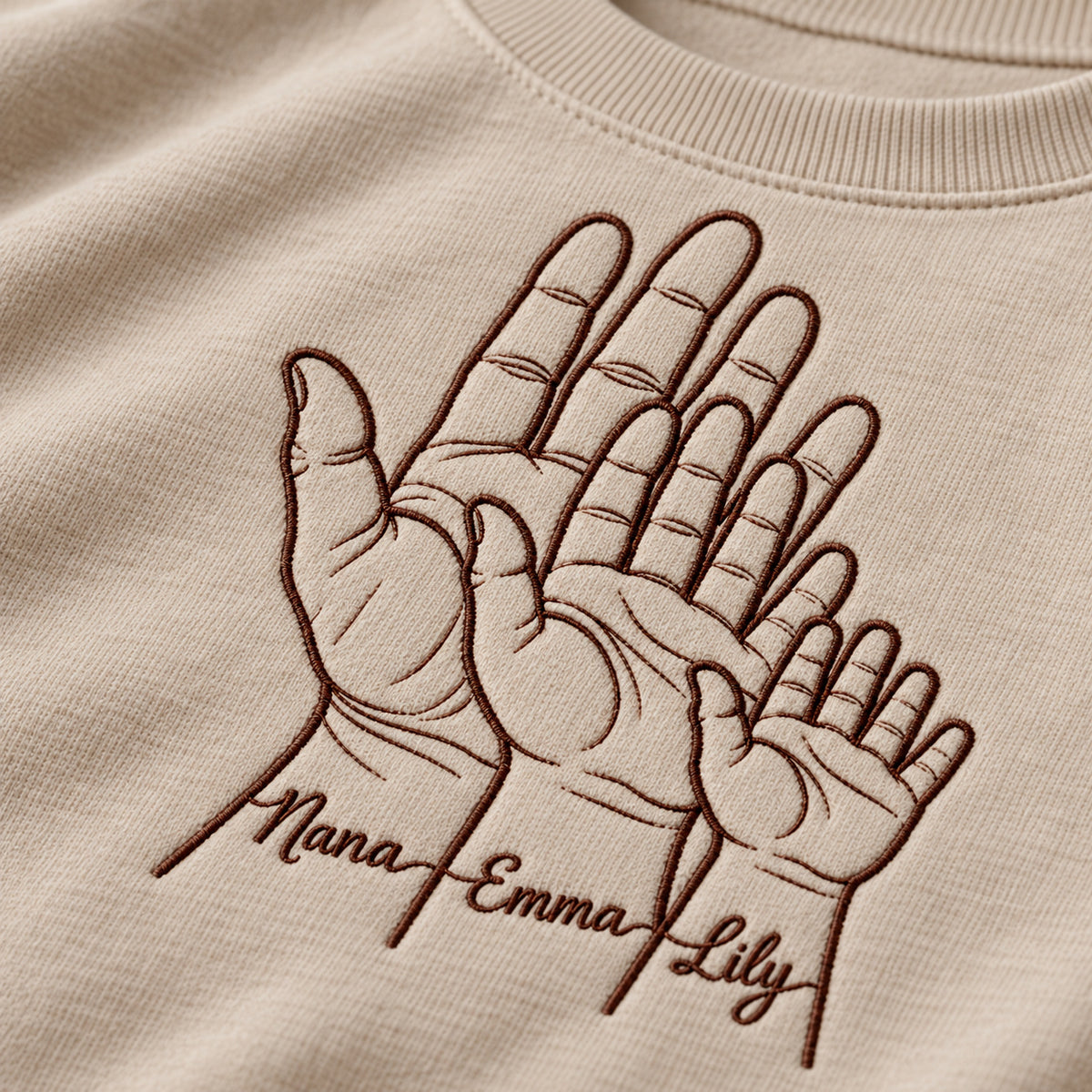 Generations of Love personalized Grandma hands design; Sand sweatshirt mockup, embroidery detail; sample text Nana / Emma / Lily