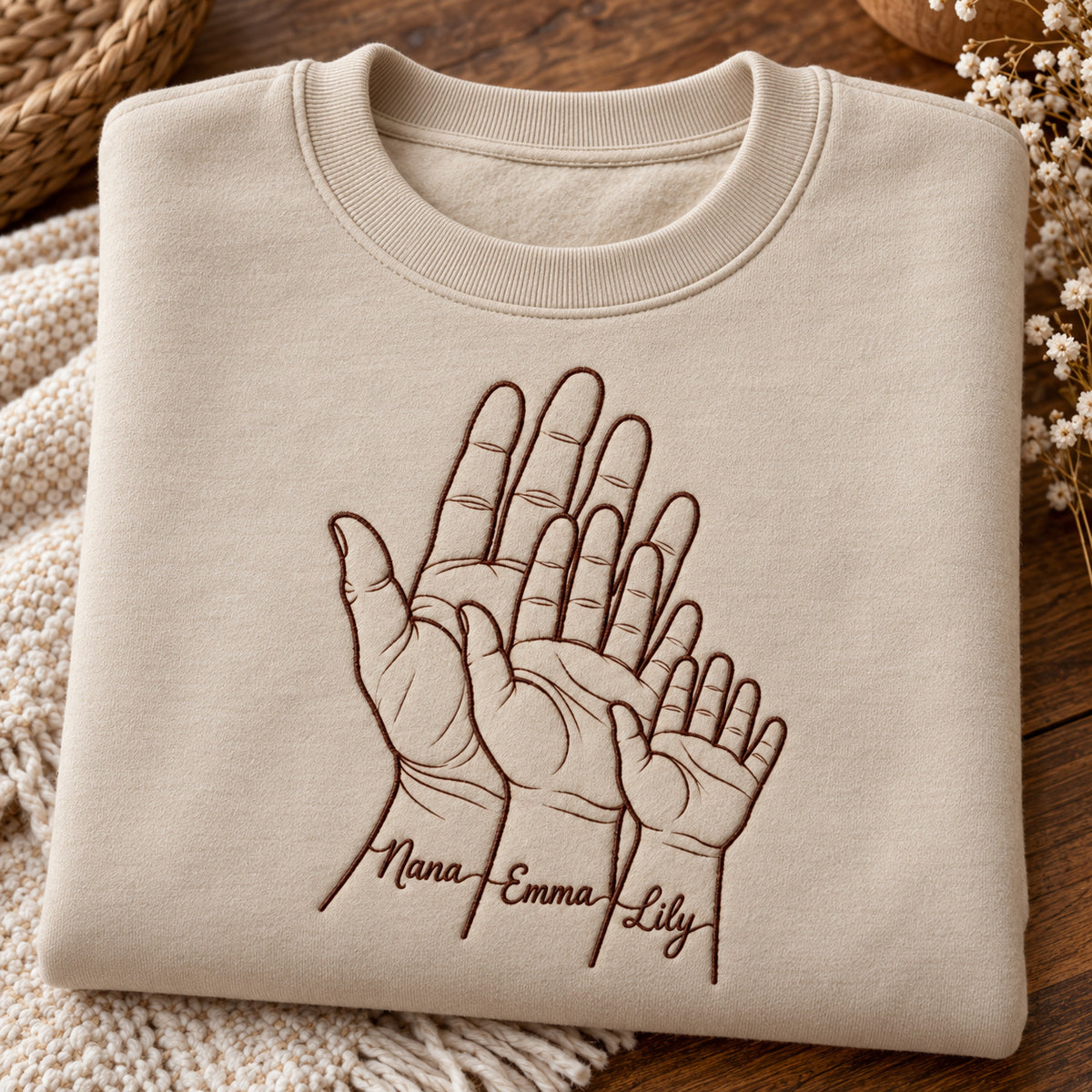 Generations of Love personalized Grandma hands design; Sand sweatshirt mockup, personalization detail; sample text Nana / Emma / Lily