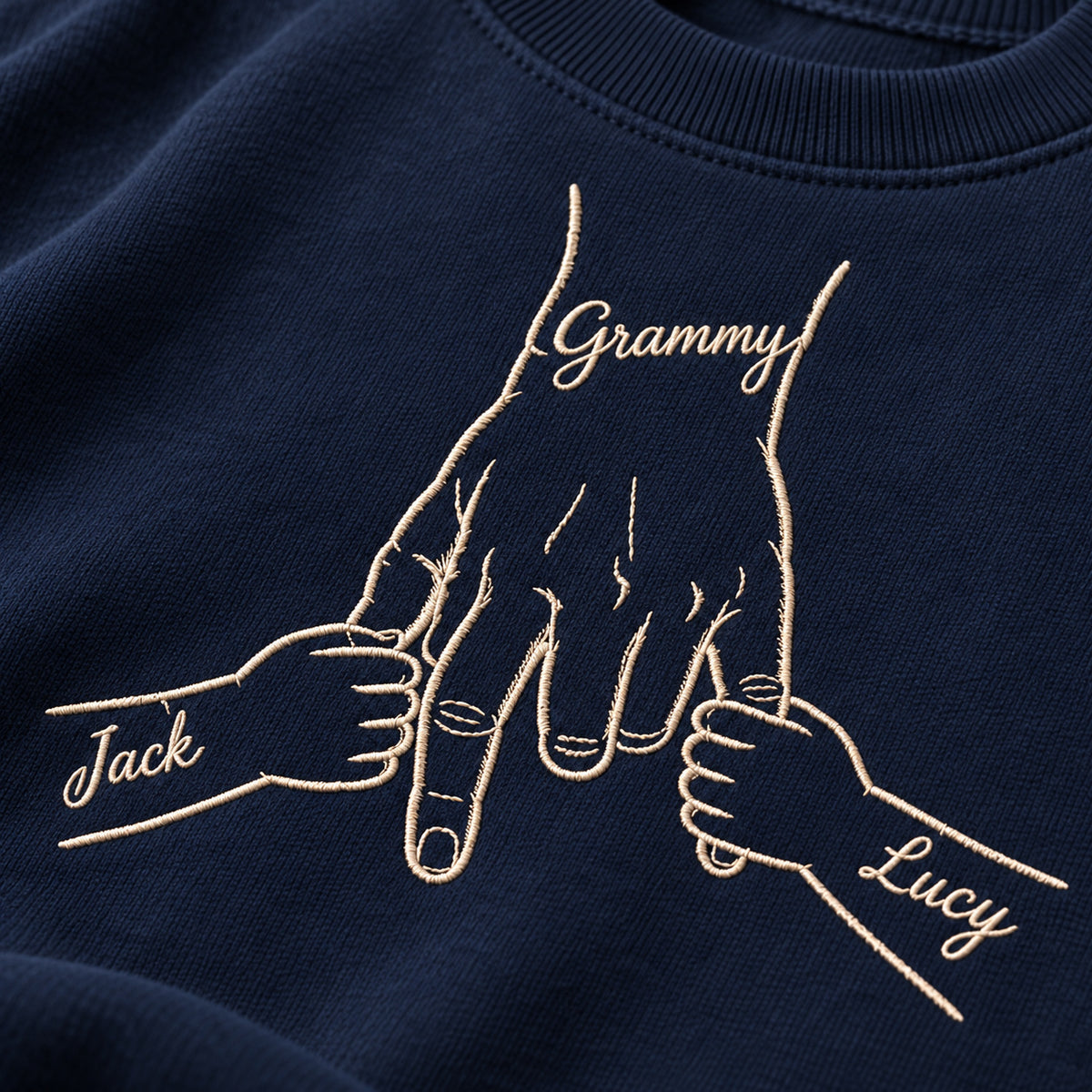 Two Little Treasures personalized Grandma hands design; Navy sweatshirt mockup, embroidery detail; sample text Grammy / Jack / Lucy