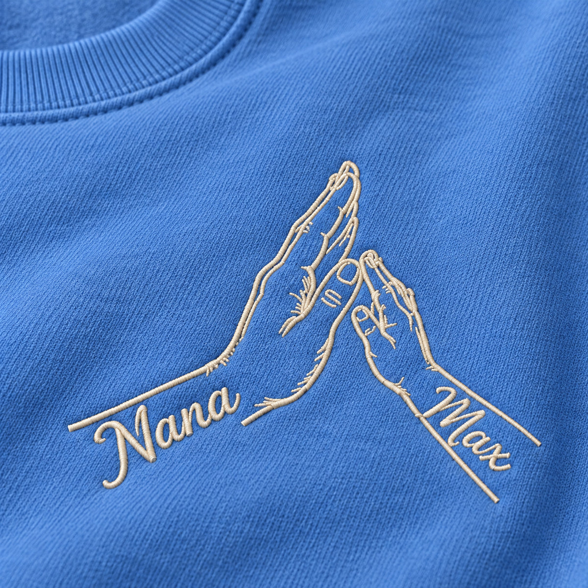 High Five Nana personalized Grandma hands design; Carolina Blue sweatshirt mockup, embroidery detail; sample text Nana / Max