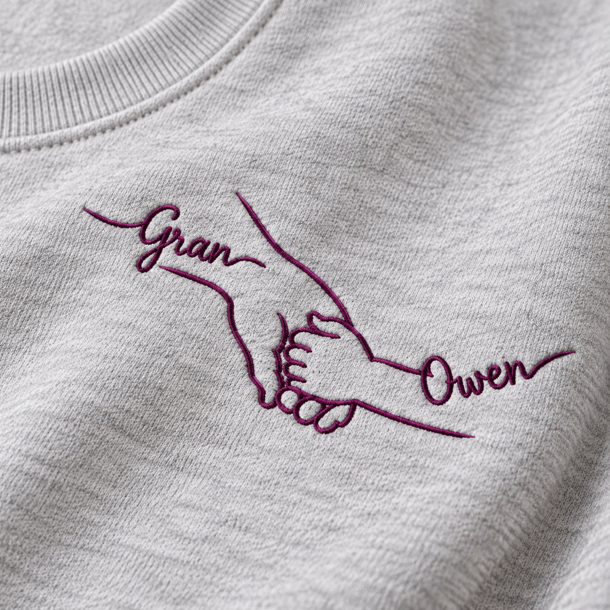 Little Hand Big Love personalized Grandma hands design; Ash sweatshirt mockup, embroidery detail; sample text Gran / Owen