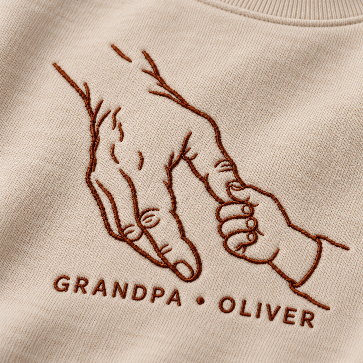 Generations Grip personalized Grandpa hands design; Sand sweatshirt mockup, embroidery detail; sample text GRANDPA • OLIVER