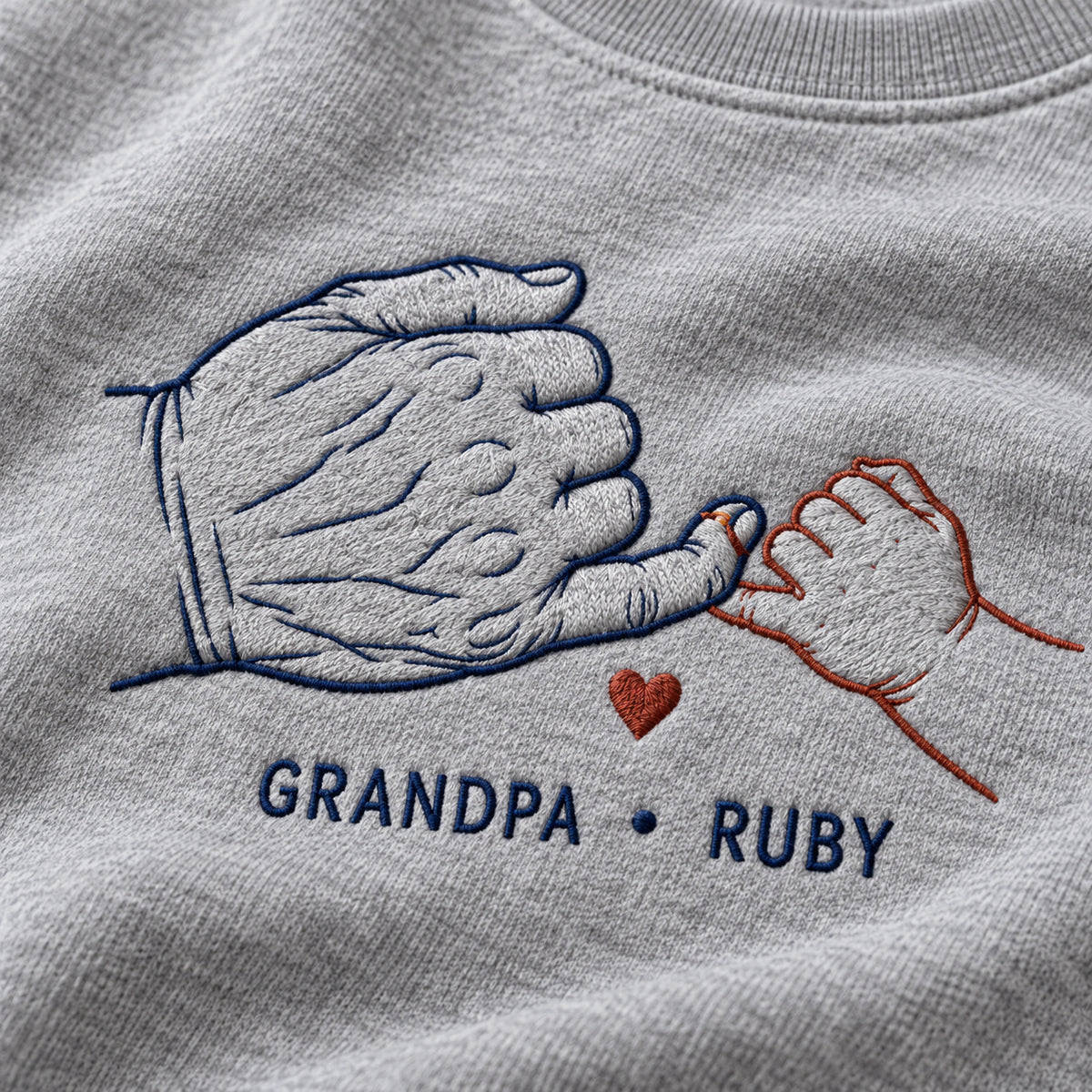 Forever Promise personalized Grandpa hands design; Sport Grey sweatshirt mockup, embroidery detail; sample text GRANDPA • RUBY