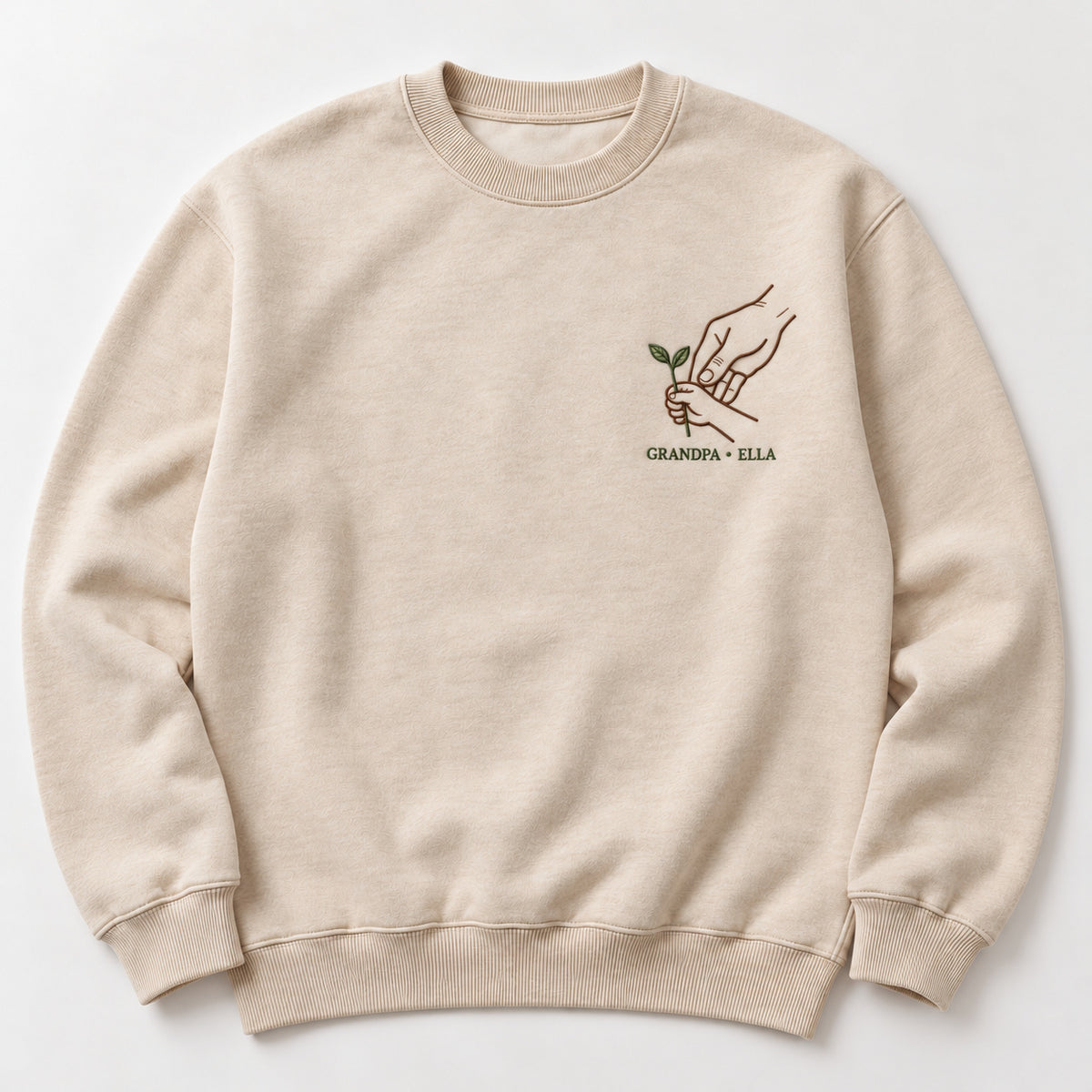 Growing Together personalized Grandpa hands design; Beige sweatshirt mockup, hero; sample text GRANDPA • ELLA