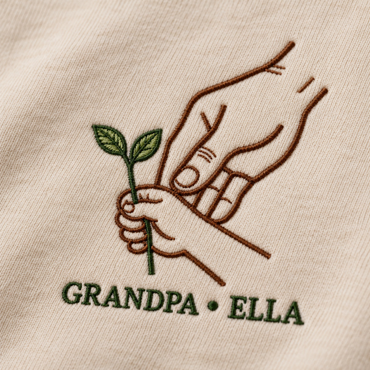 Growing Together personalized Grandpa hands design; Beige sweatshirt mockup, embroidery detail; sample text GRANDPA • ELLA
