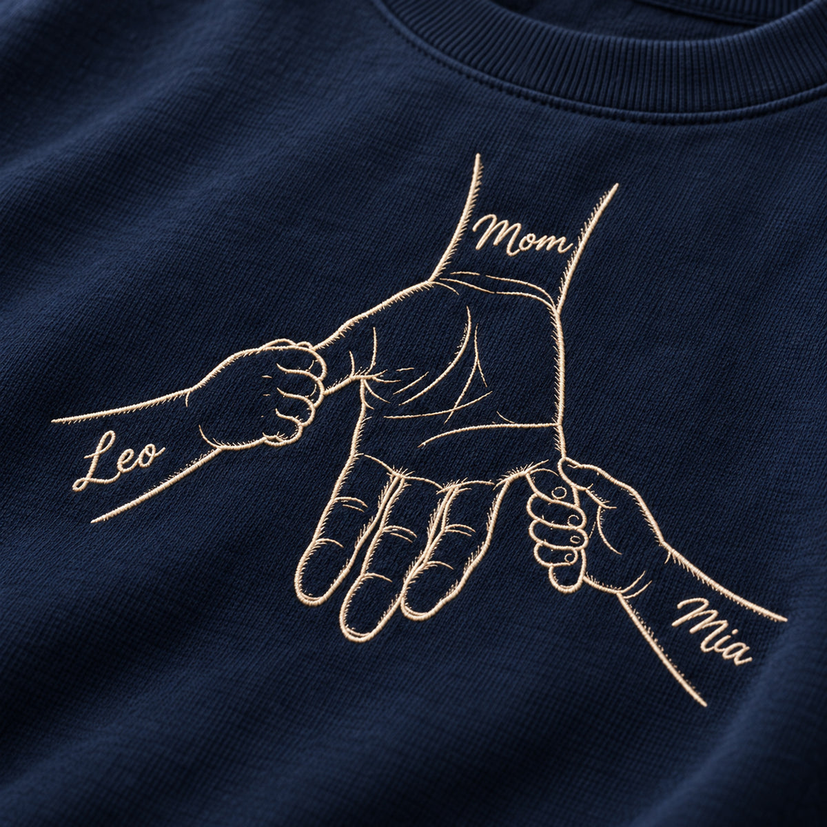 Two Little Holds personalized Mom hands design; Navy sweatshirt mockup, embroidery detail; sample text Mom / Leo / Mia