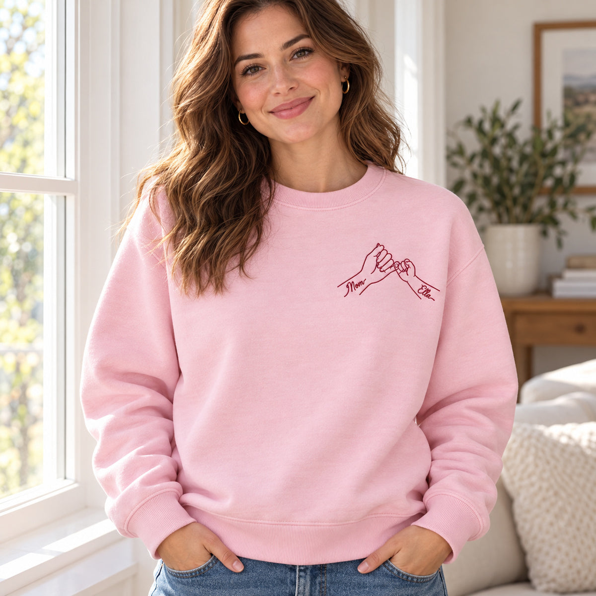 Pinky Promise personalized Mom hands design; Light Pink sweatshirt mockup, lifestyle; sample text Mom / Ella