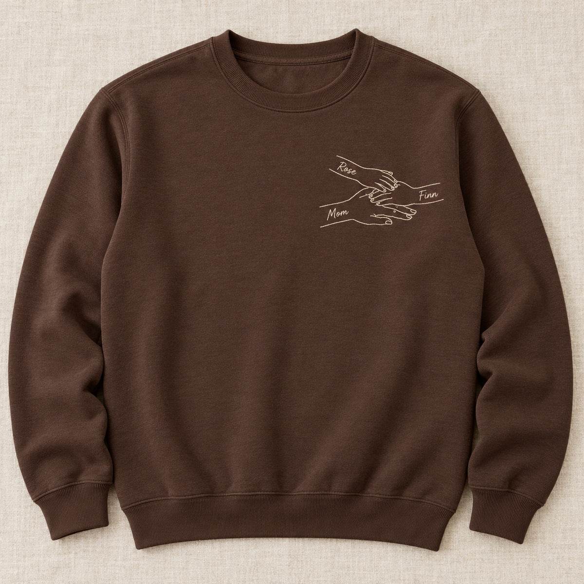 Hands Together personalized Mom hands design; Chocolate sweatshirt mockup, hero; sample text Mom / Finn / Rose
