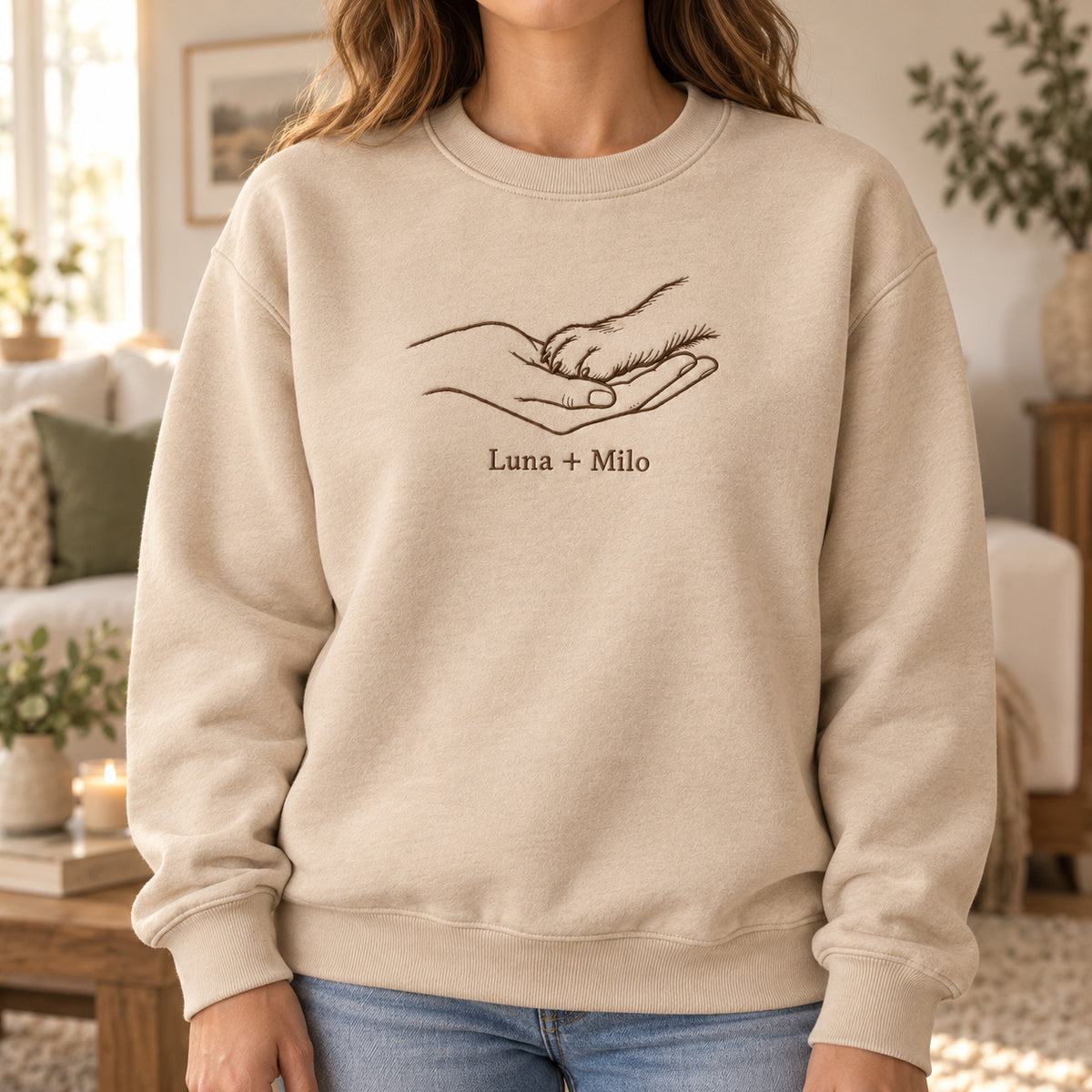 Paw In My Palm personalized Pet_Lover hands design; Sand sweatshirt mockup, lifestyle; sample text Luna + Milo