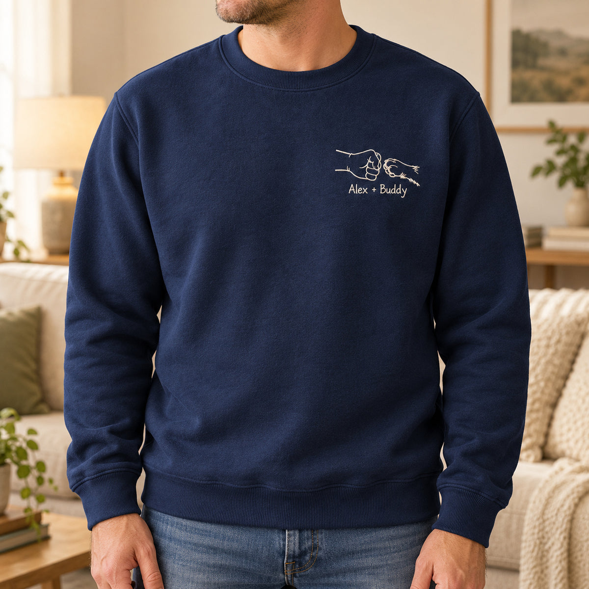Best Friend Bump personalized Pet_Lover hands design; Navy sweatshirt mockup, lifestyle; sample text Alex + Buddy