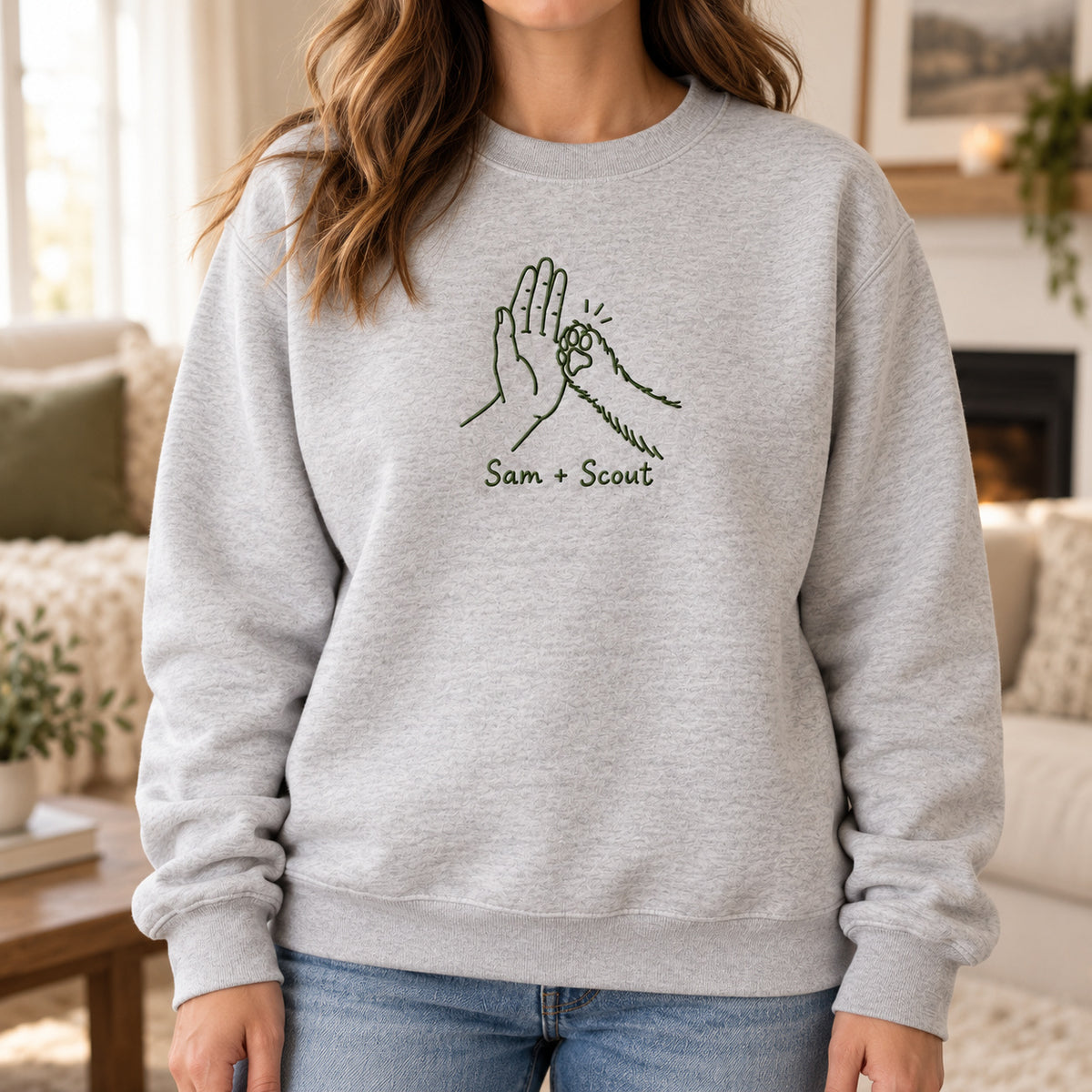 High Five Together personalized Pet_Lover hands design; Ash sweatshirt mockup, lifestyle; sample text Sam + Scout