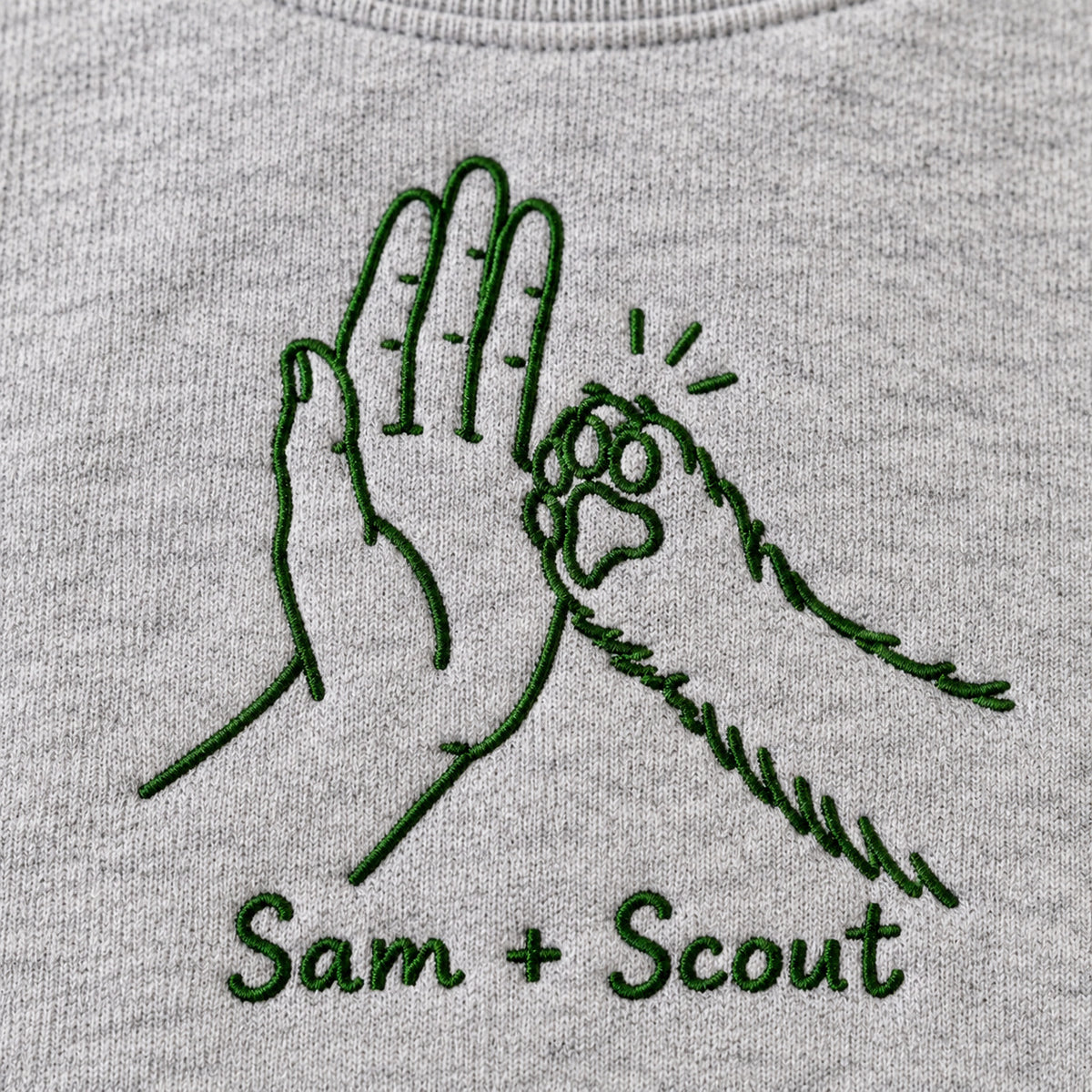 High Five Together personalized Pet_Lover hands design; Ash sweatshirt mockup, embroidery detail; sample text Sam + Scout
