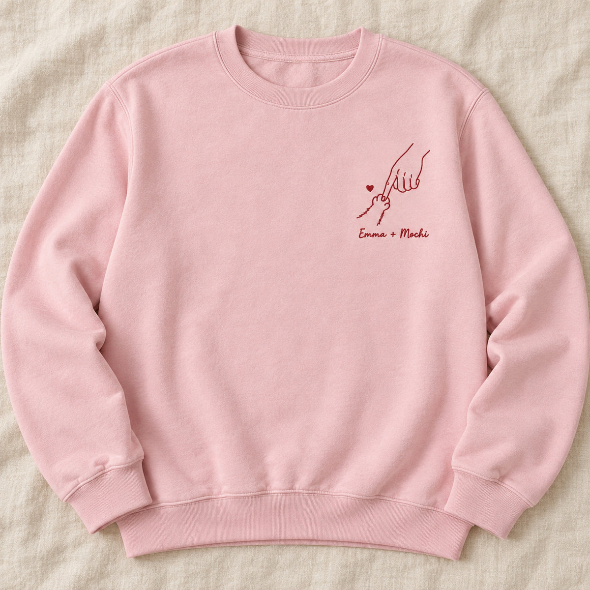 Little Paw Big Love personalized Pet_Lover hands design; Light Pink sweatshirt mockup, hero; sample text Emma + Mochi