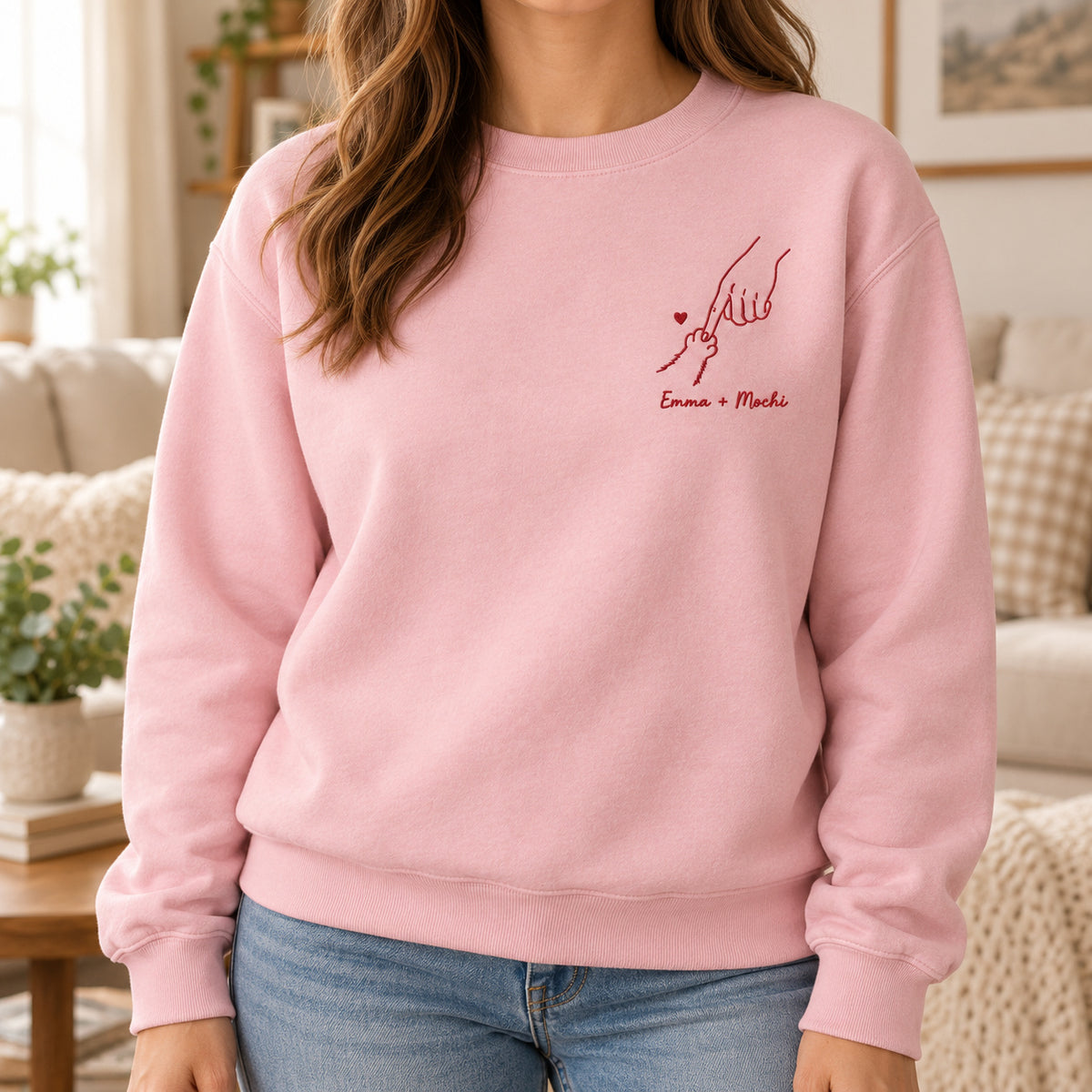 Little Paw Big Love personalized Pet_Lover hands design; Light Pink sweatshirt mockup, lifestyle; sample text Emma + Mochi