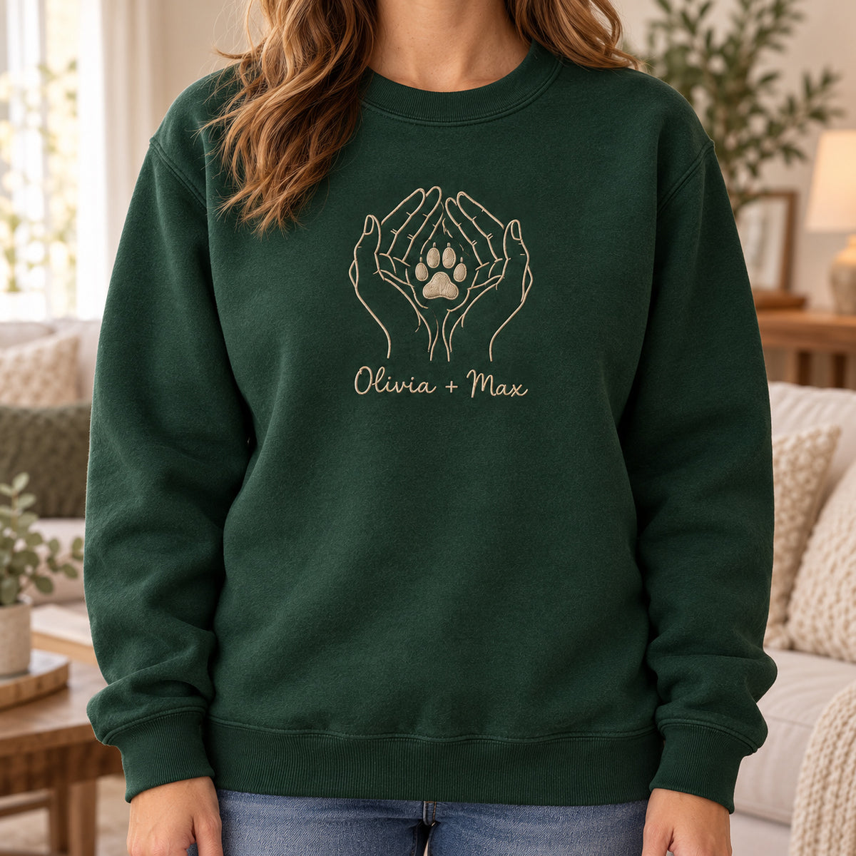 Hands Around Your Paw personalized Pet_Lover hands design; Forest Green sweatshirt mockup, lifestyle; sample text Olivia + Max