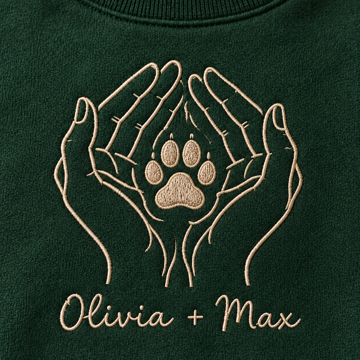 Hands Around Your Paw personalized Pet_Lover hands design; Forest Green sweatshirt mockup, embroidery detail; sample text Olivia + Max