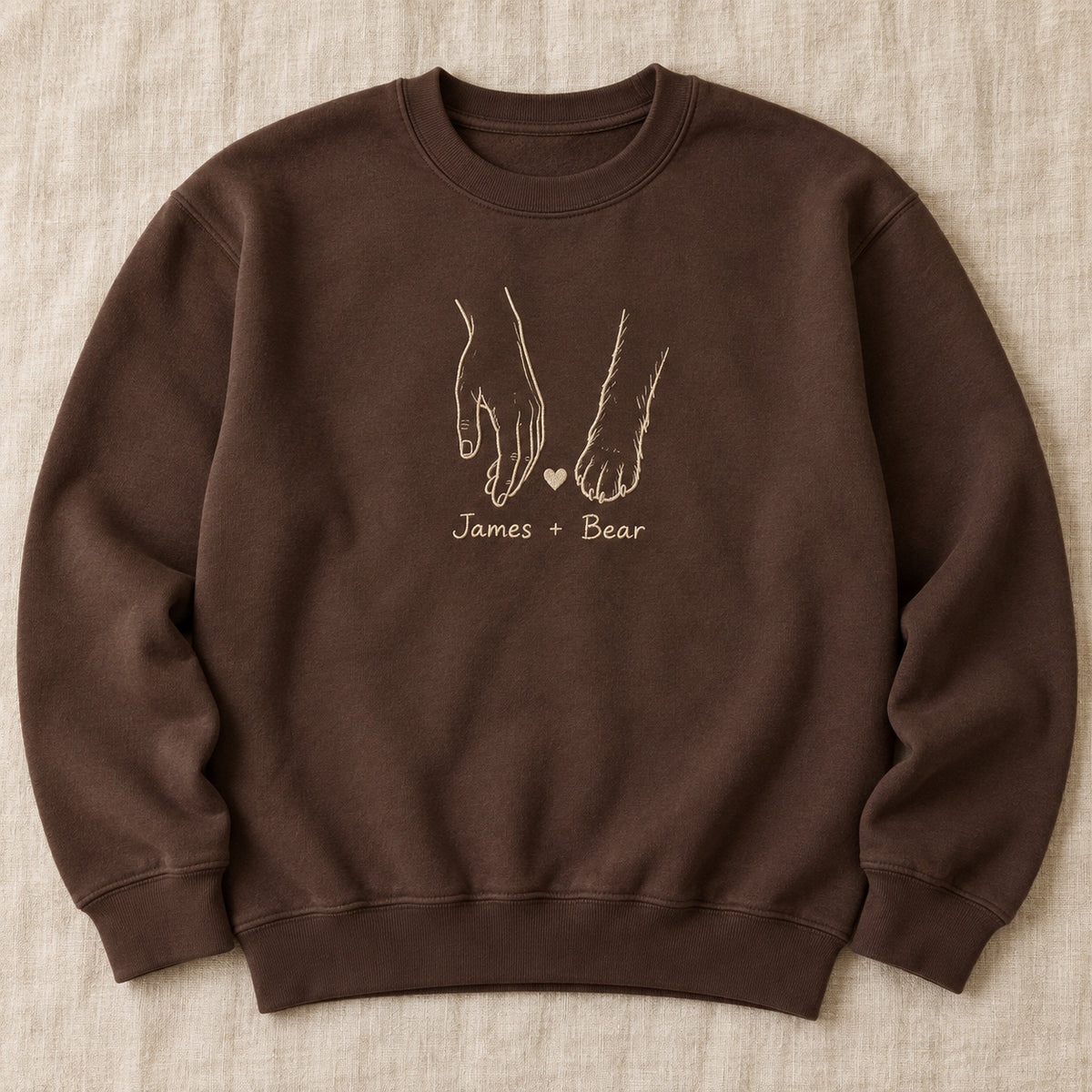 Side By Side personalized Pet_Lover hands design; Chocolate sweatshirt mockup, hero; sample text James + Bear
