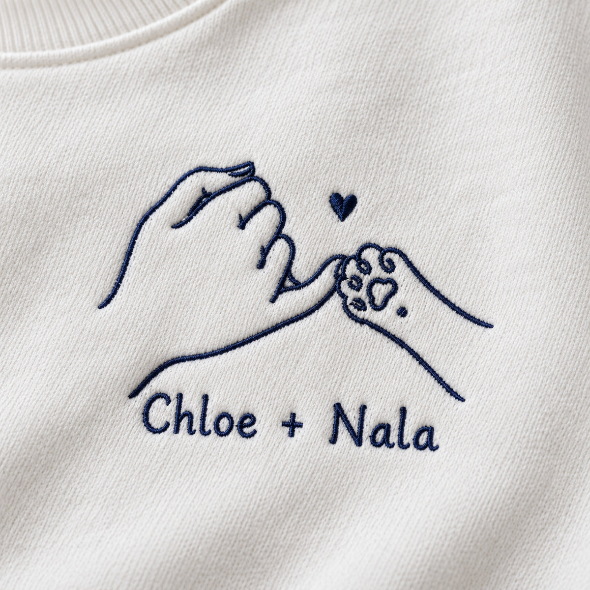 Forever Pinky Paw personalized Pet_Lover hands design; White sweatshirt mockup, embroidery detail; sample text Chloe + Nala