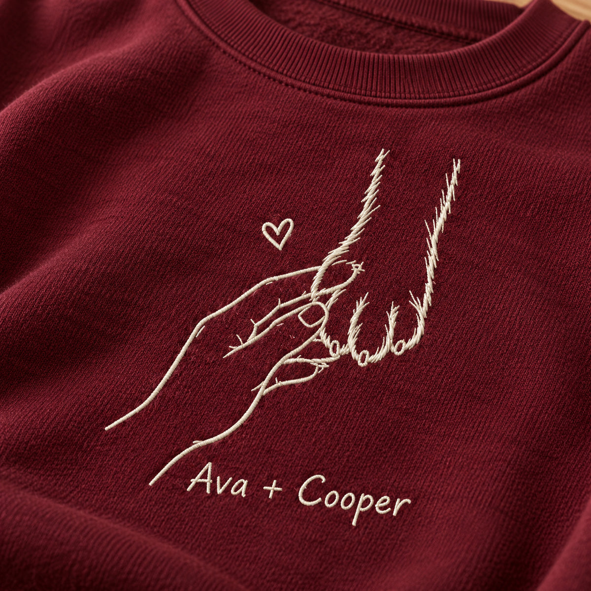 Gentle Touch Bond personalized Pet_Lover hands design; Maroon sweatshirt mockup, embroidery detail; sample text Ava + Cooper