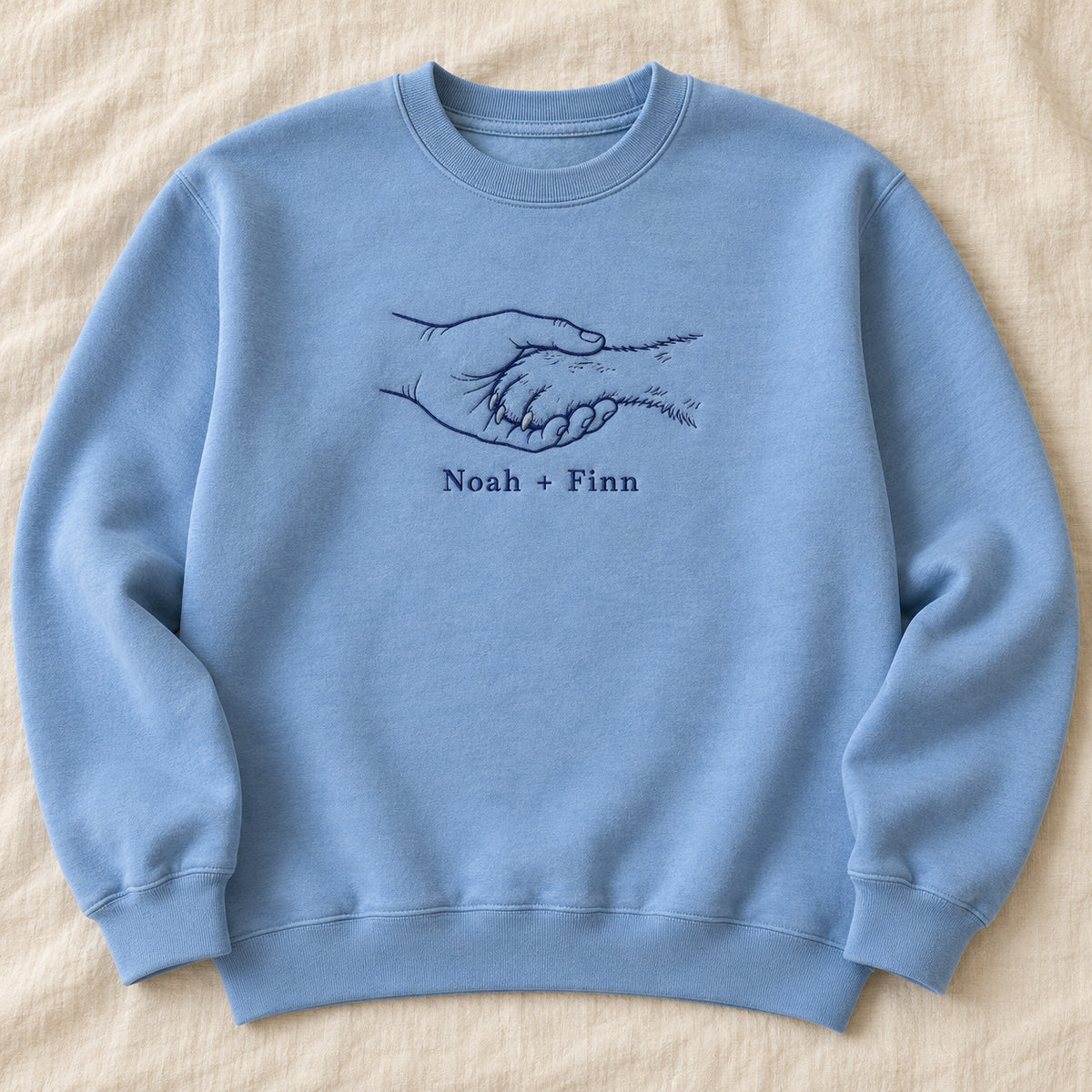 Gentle Paw Hold personalized Pet_Lover hands design; Carolina Blue sweatshirt mockup, hero; sample text Noah + Finn
