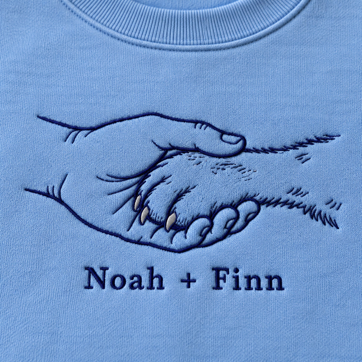 Gentle Paw Hold personalized Pet_Lover hands design; Carolina Blue sweatshirt mockup, embroidery detail; sample text Noah + Finn