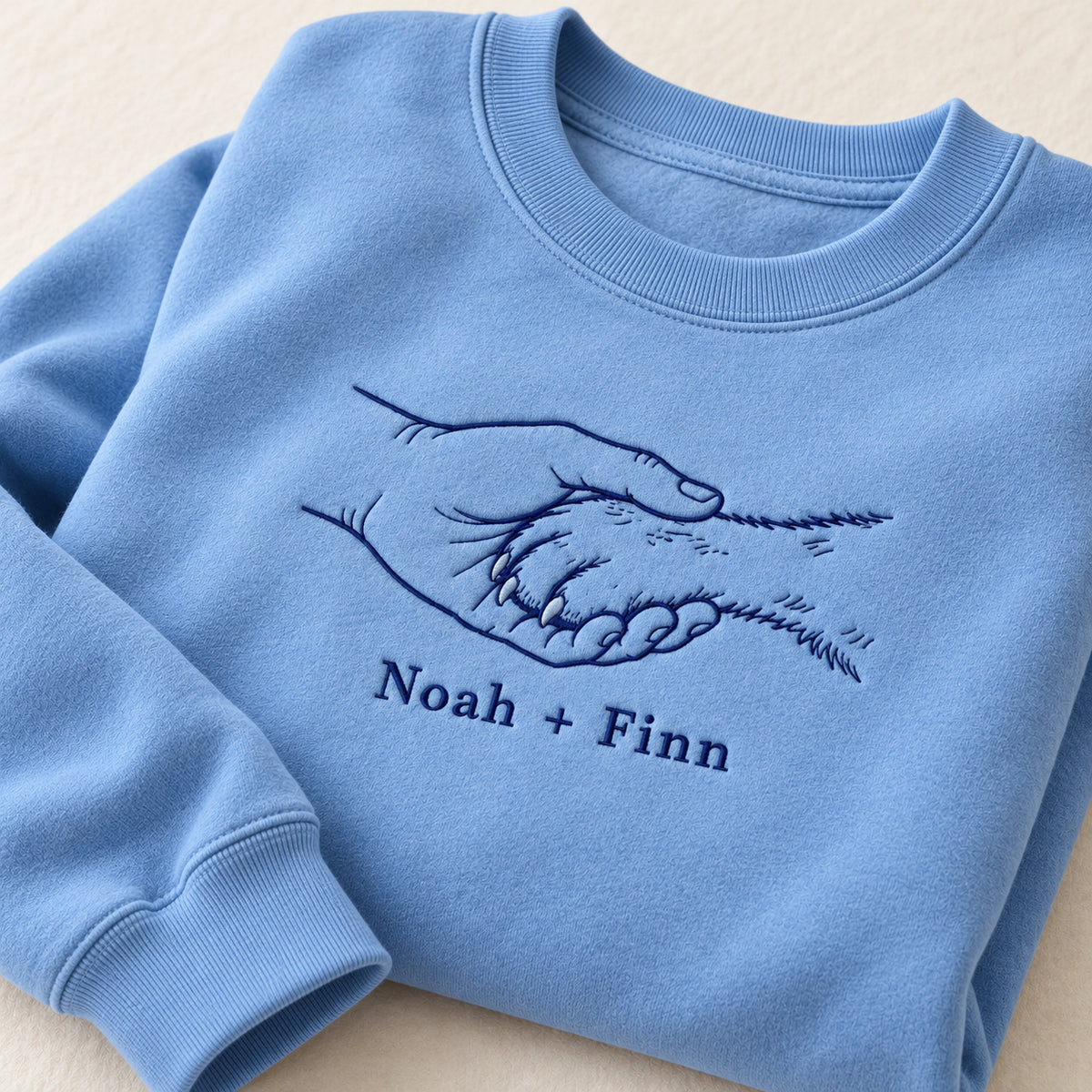 Gentle Paw Hold personalized Pet_Lover hands design; Carolina Blue sweatshirt mockup, personalization detail; sample text Noah + Finn