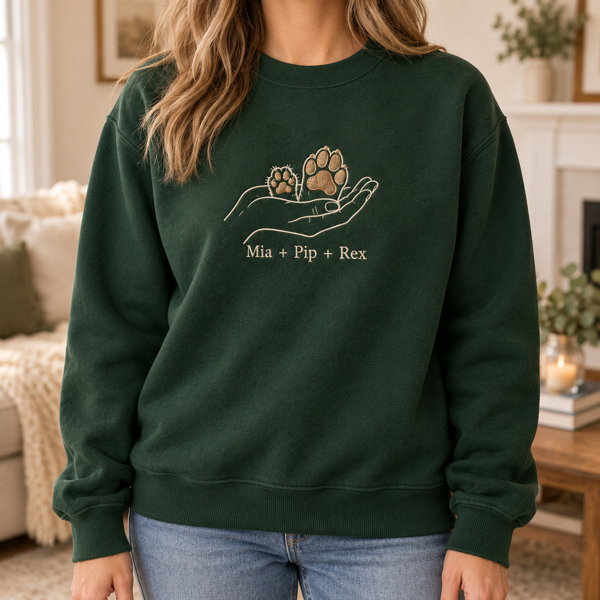 Two Paws One Hand personalized Pet_Lover hands design; Forest Green sweatshirt mockup, lifestyle; sample text Mia + Pip + Rex
