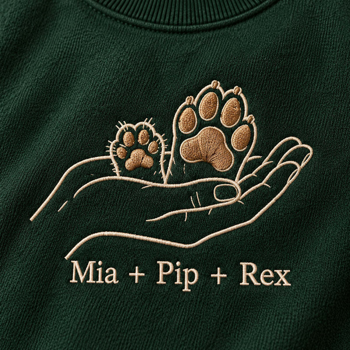 Two Paws One Hand personalized Pet_Lover hands design; Forest Green sweatshirt mockup, embroidery detail; sample text Mia + Pip + Rex
