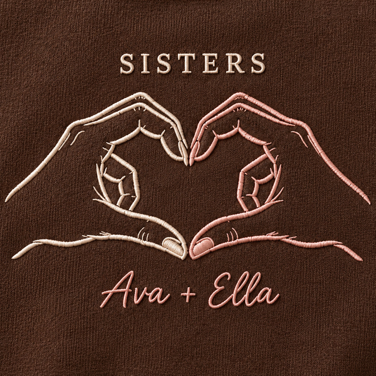 Shared Heart personalized Sister hands design; Chocolate sweatshirt mockup, embroidery detail; sample text SISTERS / Ava + Ella