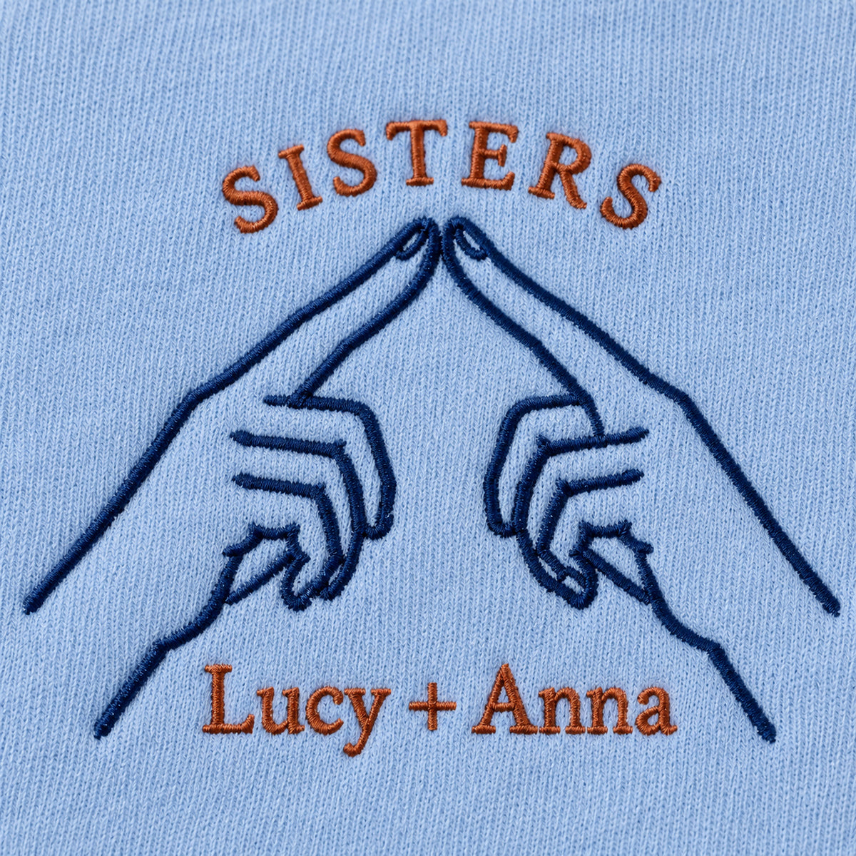 Secret Handshake personalized Sister hands design; Light Blue sweatshirt mockup, embroidery detail; sample text SISTERS / Lucy + Anna