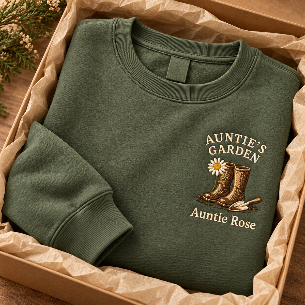 Auntie's Garden sweatshirt concept mockup featuring garden boots, a daisy and a hand trowel, sample personalization Auntie Rose, personalization view