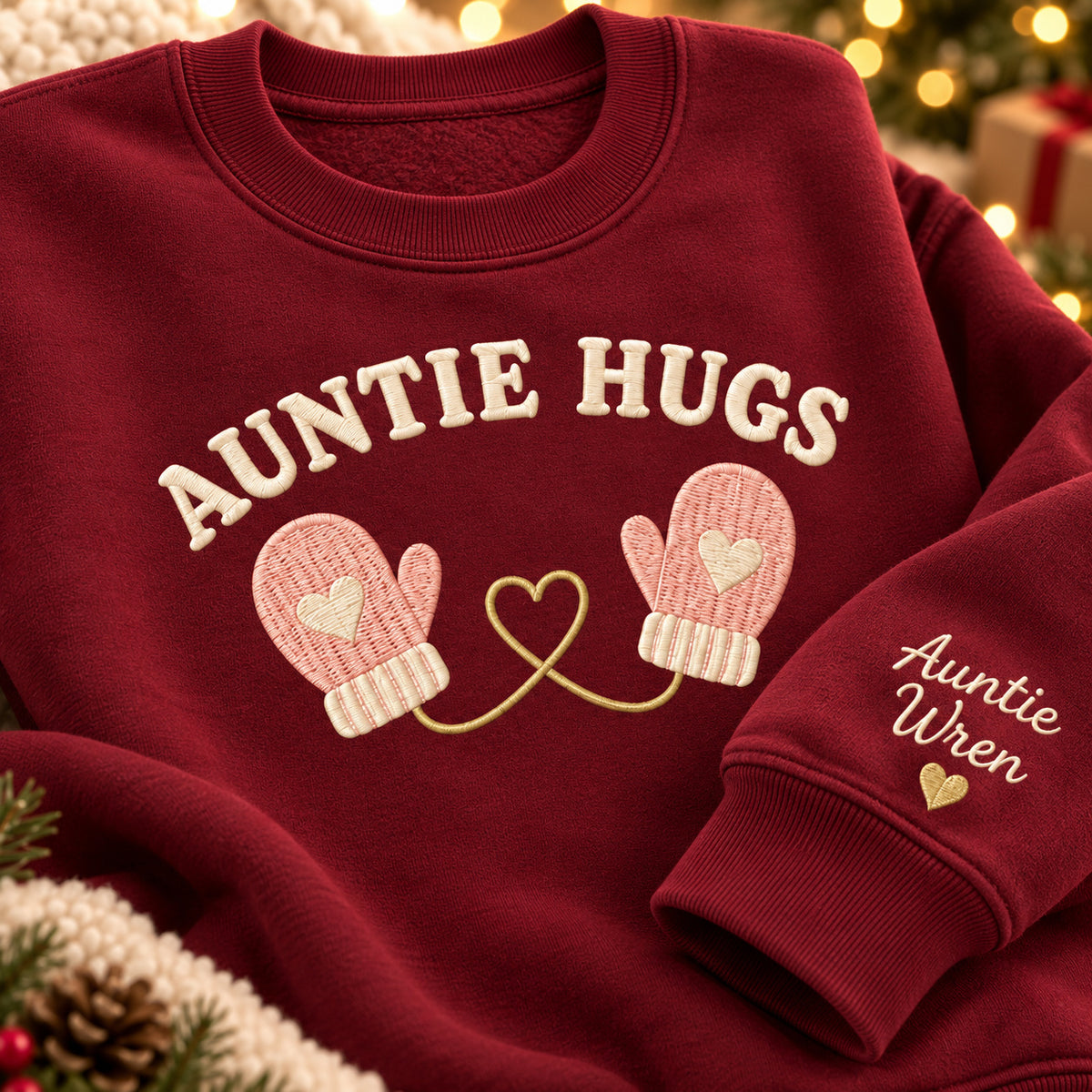 Auntie Hugs sweatshirt concept mockup featuring two mittens linked by a heart-shaped cord, sample personalization Auntie Wren, personalization view