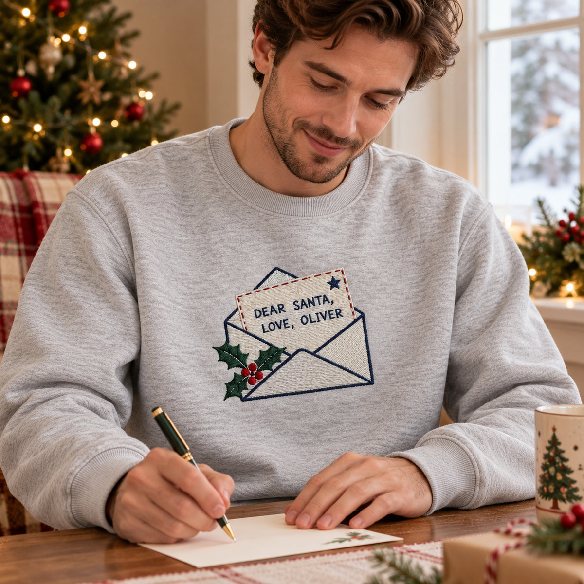 Dear Santa Letter sweatshirt concept mockup featuring a letter to Santa in an envelope with holly, sample personalization OLIVER, lifestyle view
