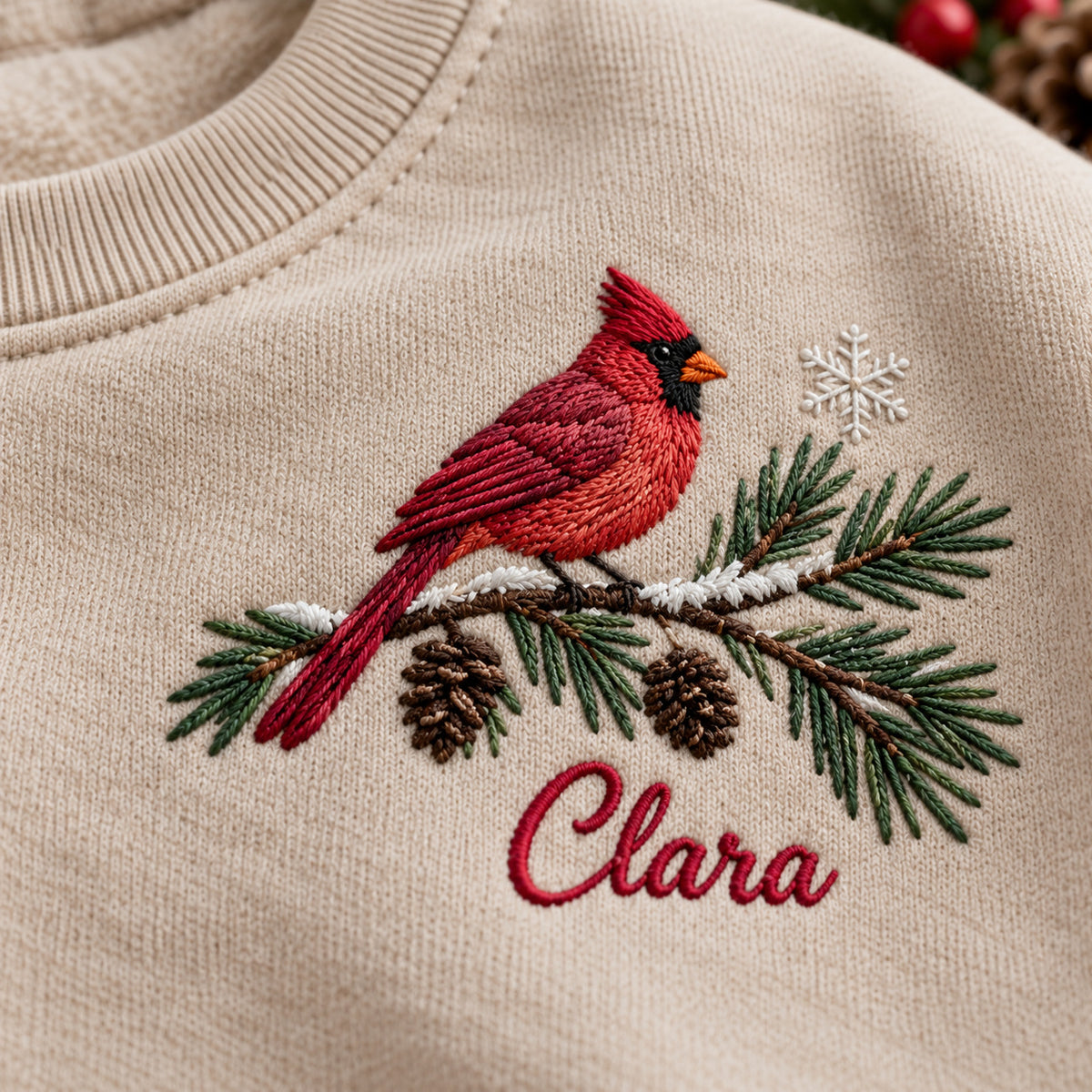 Winter Cardinal sweatshirt concept mockup featuring a red cardinal on a snowy evergreen branch, sample personalization Clara, embroidery view