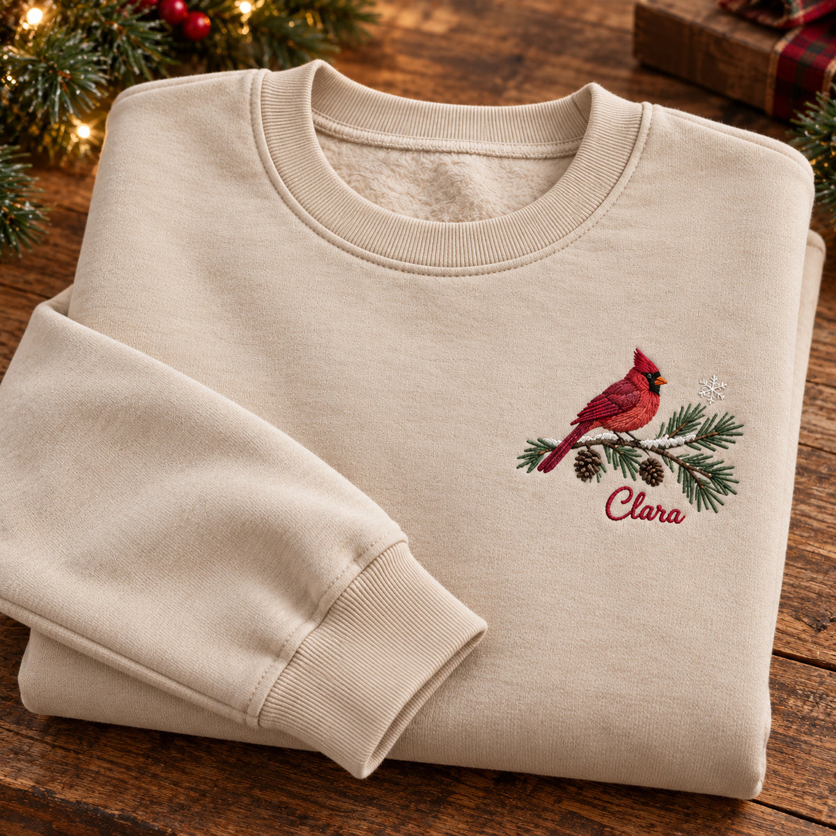 Winter Cardinal sweatshirt concept mockup featuring a red cardinal on a snowy evergreen branch, sample personalization Clara, personalization view