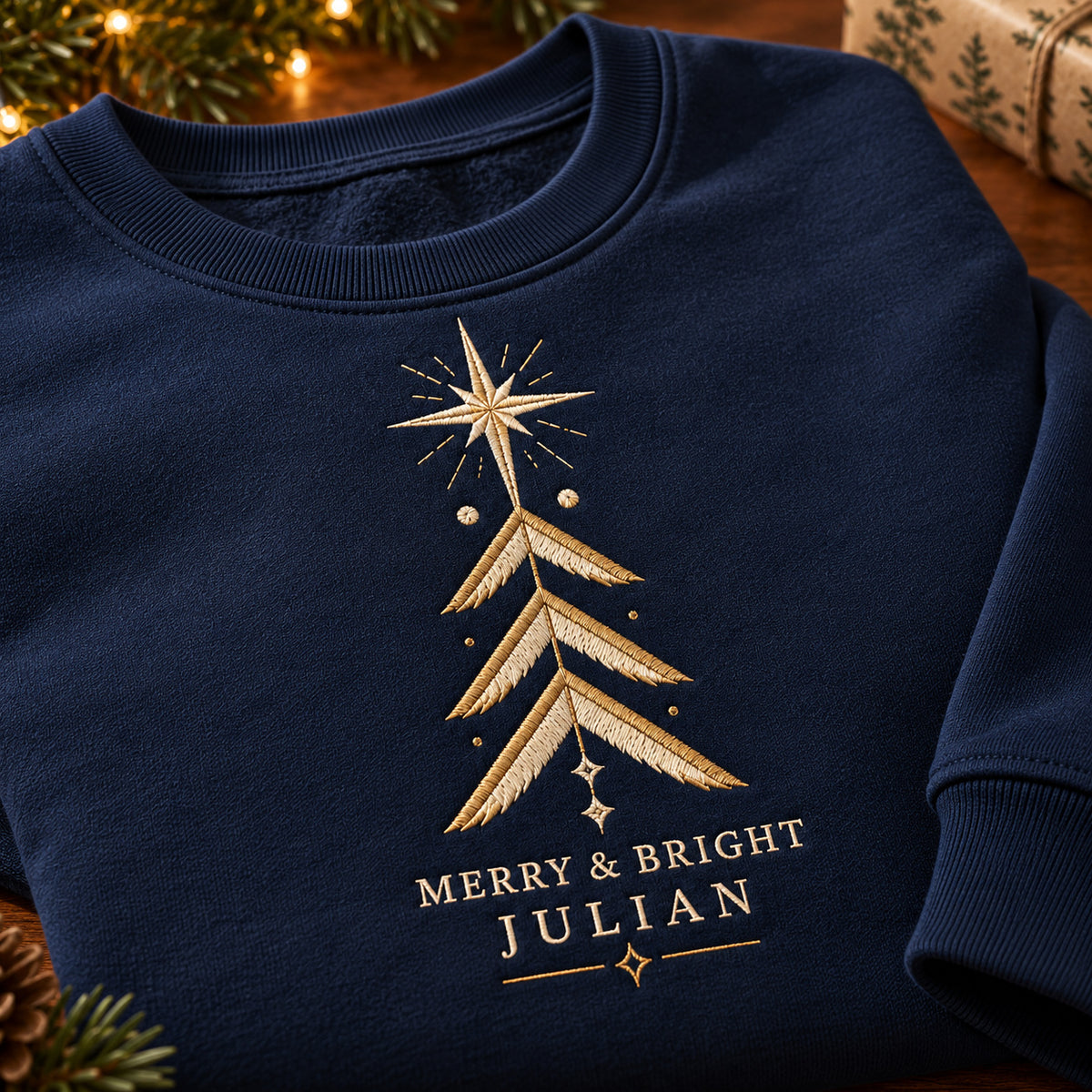 Geometric Christmas Tree sweatshirt concept mockup featuring a geometric Christmas tree topped by a star, sample personalization JULIAN, personalization view