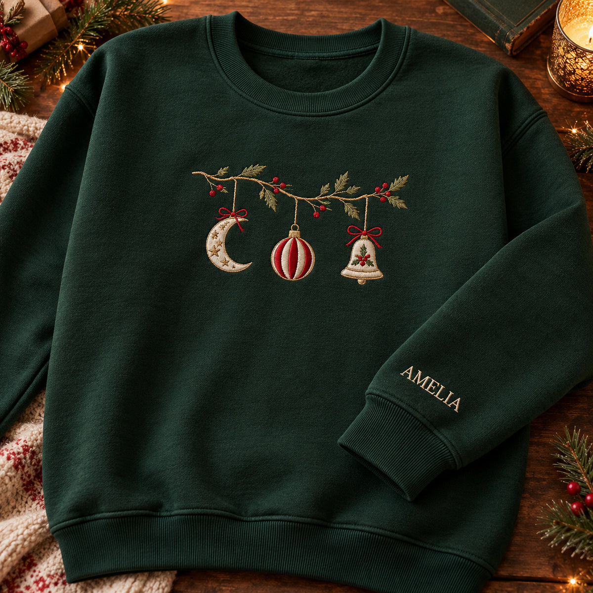 Christmas Ornament Garland sweatshirt concept mockup featuring a garland with crescent, bauble and bell ornaments, sample personalization AMELIA, hero view