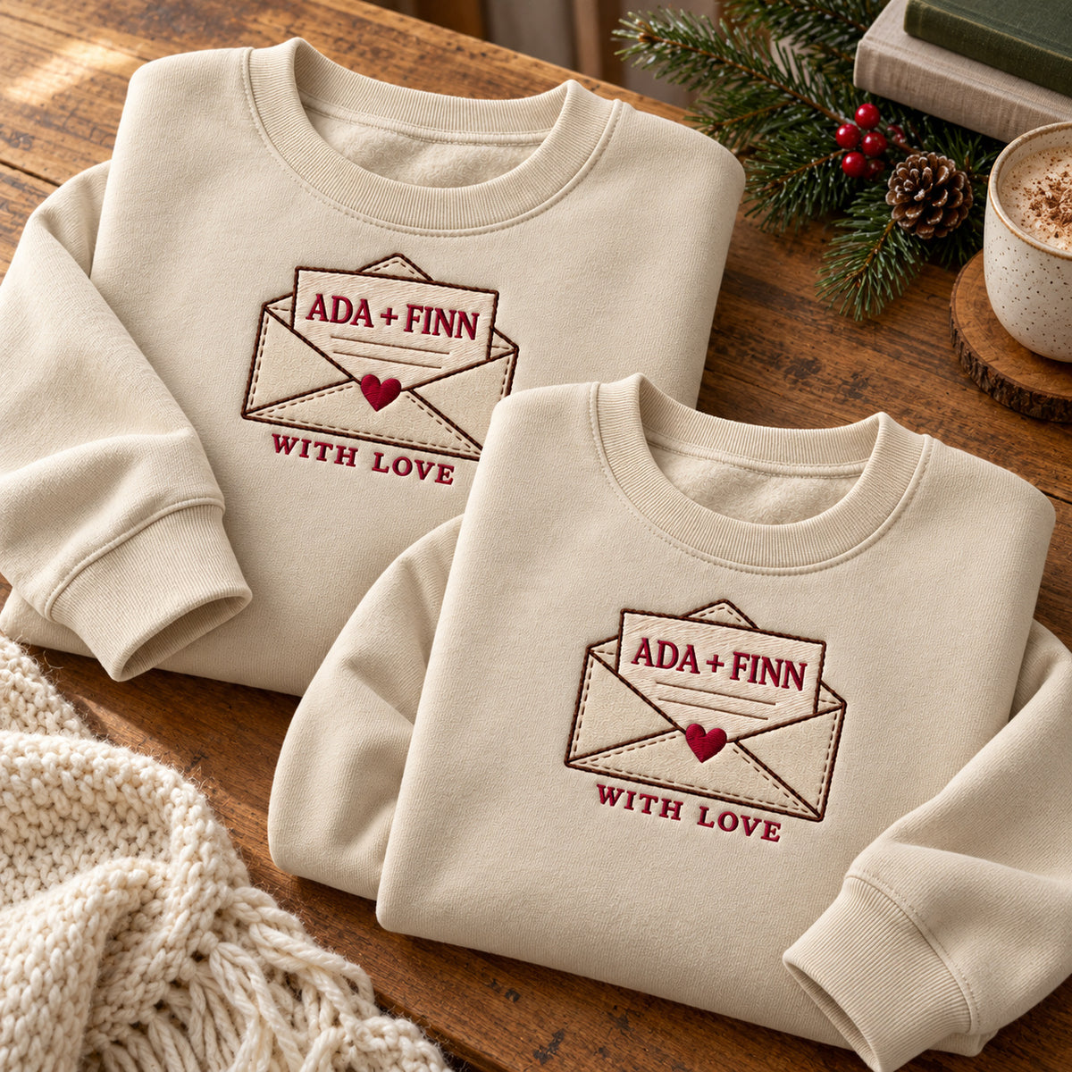With Love Letter sweatshirt concept mockup featuring a personalized love letter in a heart-sealed envelope, sample personalization ADA + FINN, personalization view