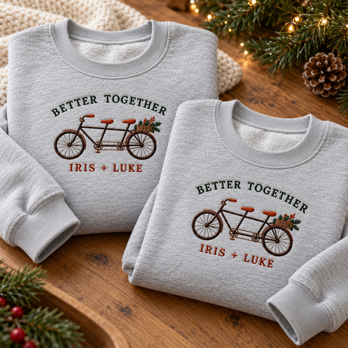 Better Together Bicycle sweatshirt concept mockup featuring a tandem bicycle with flowers, sample personalization IRIS + LUKE, personalization view
