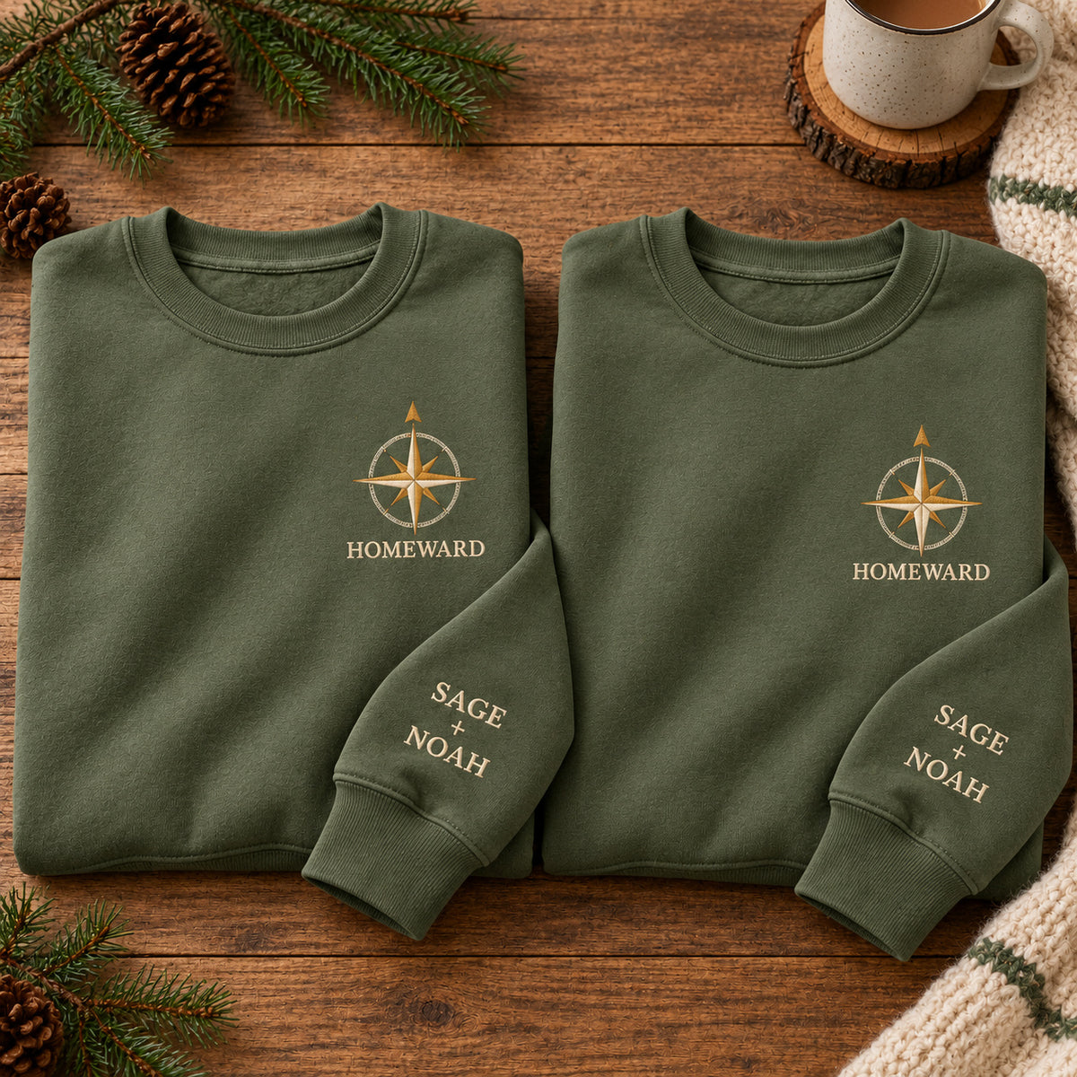 Homeward Compass sweatshirt concept mockup featuring a compass rose above HOMEWARD lettering, sample personalization SAGE + NOAH, personalization view