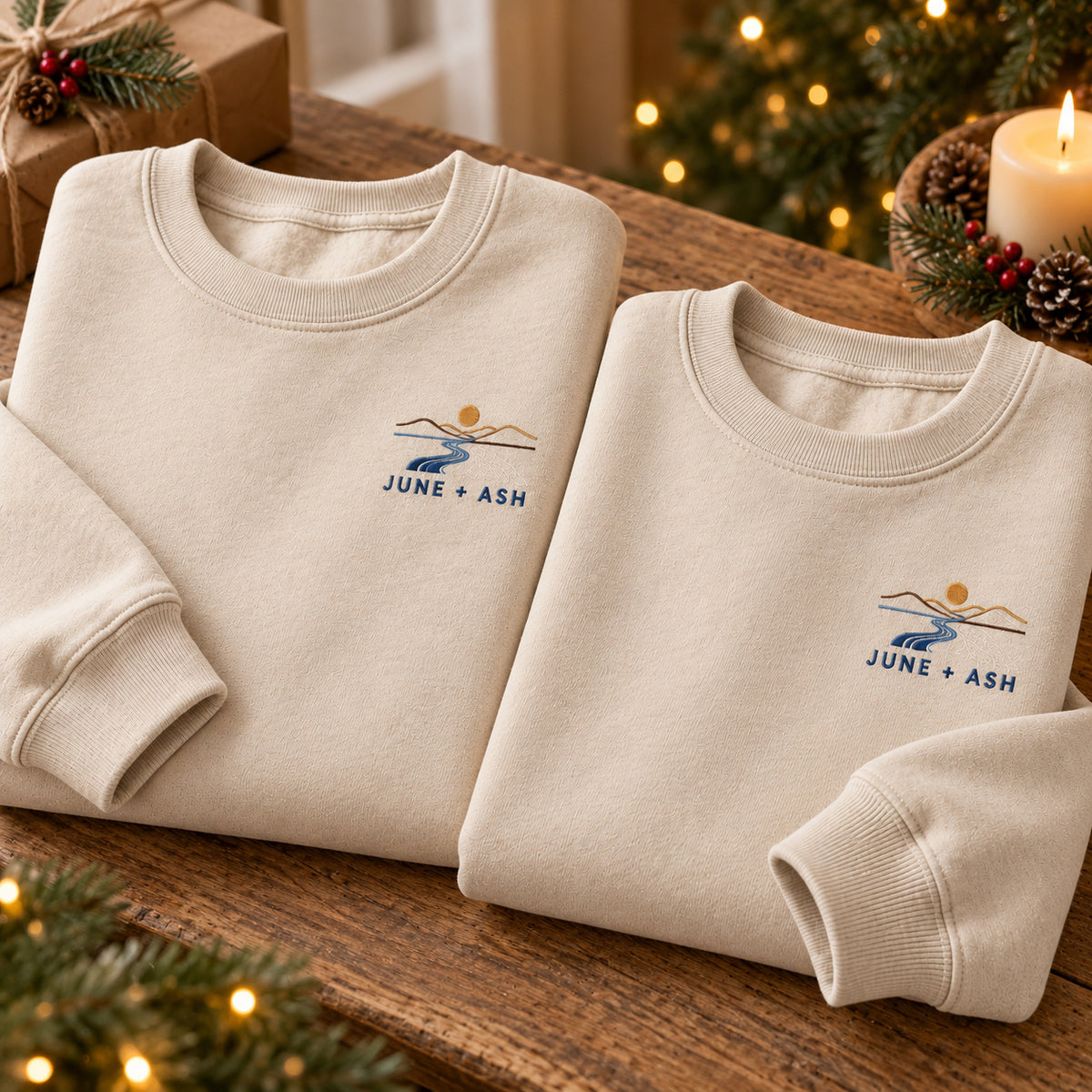 Two Rivers sweatshirt concept mockup featuring two winding rivers joining beneath mountains and the sun, sample personalization JUNE + ASH, personalization view