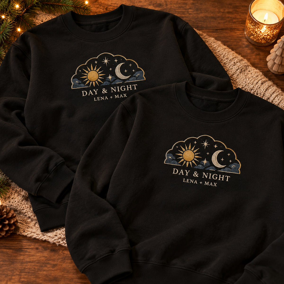Day and Night sweatshirt concept mockup featuring a sun and crescent moon with stars in a cloud-shaped frame, sample personalization LENA + MAX, hero view